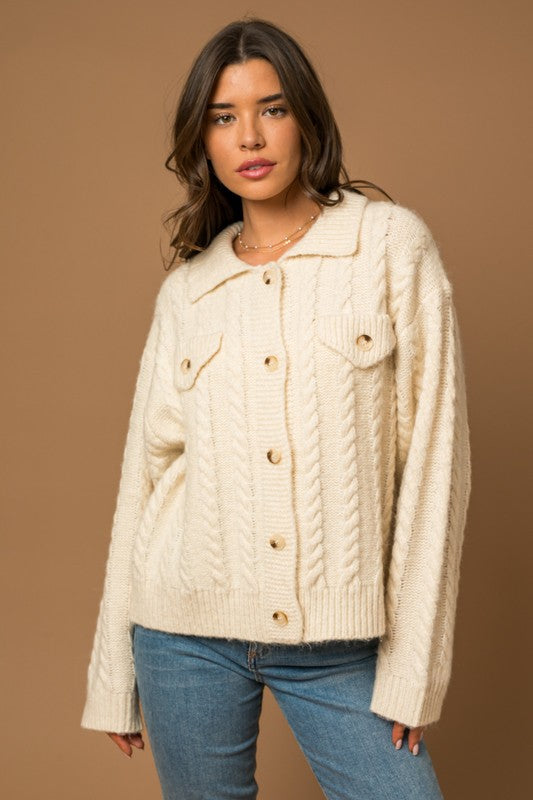 Collared Cable Sweater Cardigan-Charmful Clothing Boutique