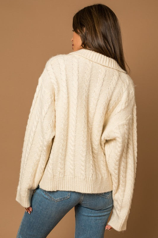 Collared Cable Sweater Cardigan-Charmful Clothing Boutique