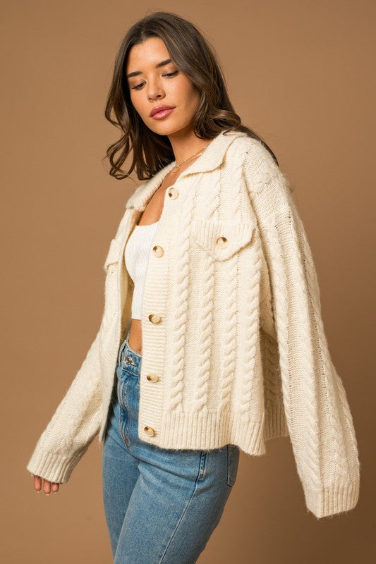 Collared Cable Sweater Cardigan-Charmful Clothing Boutique