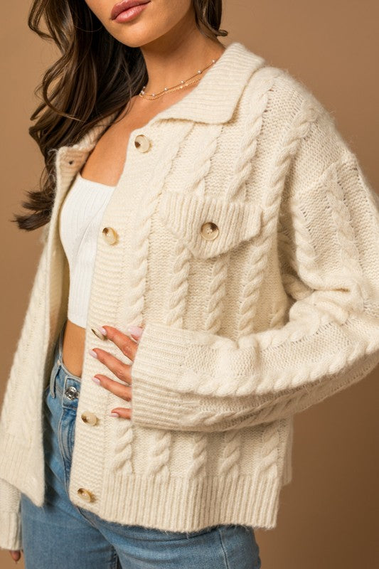 Collared Cable Sweater Cardigan-Charmful Clothing Boutique