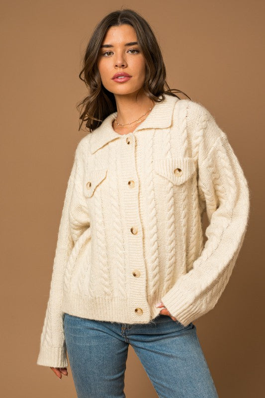 Collared Cable Sweater Cardigan-Charmful Clothing Boutique