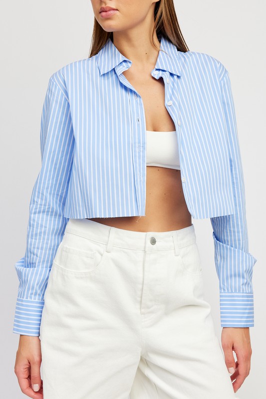 STRIPED CROPPED SHIRT WITH CUT EDGE-Charmful Clothing Boutique