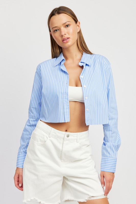 STRIPED CROPPED SHIRT WITH CUT EDGE-Charmful Clothing Boutique