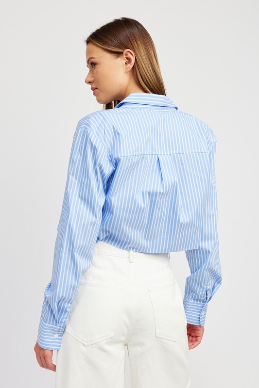 STRIPED CROPPED SHIRT WITH CUT EDGE-Charmful Clothing Boutique