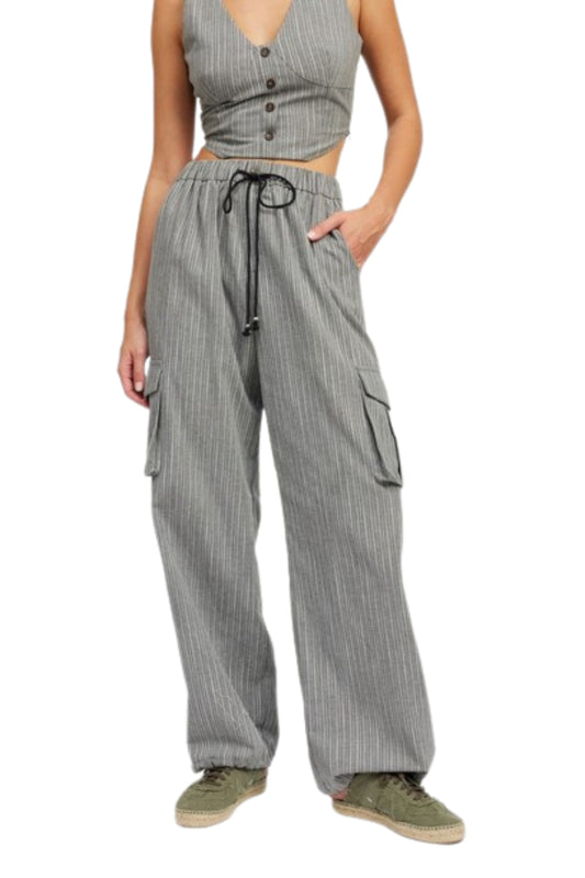 STRIPED CARGO PANTS WITH WAIST DRAWSTRING-Charmful Clothing Boutique