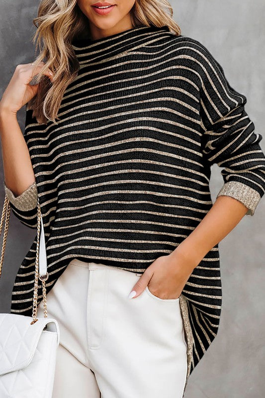 Turtle neck stripe knit sweater poncho top-Charmful Clothing Boutique