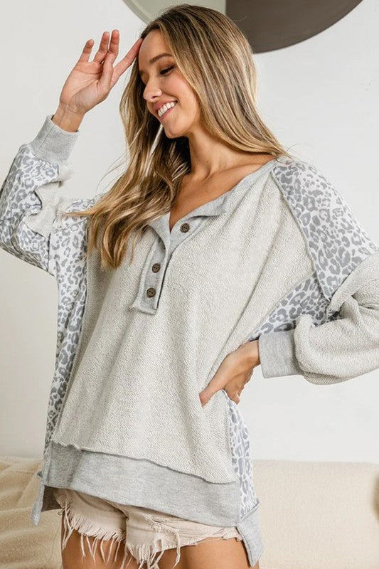 Leopard henry terry sweatshirt heather grey-Charmful Clothing Boutique