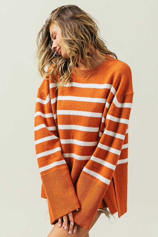 Ribbed Hem Stripe Sweater-Charmful Clothing Boutique