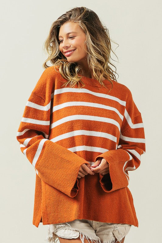 Ribbed Hem Stripe Sweater-Charmful Clothing Boutique