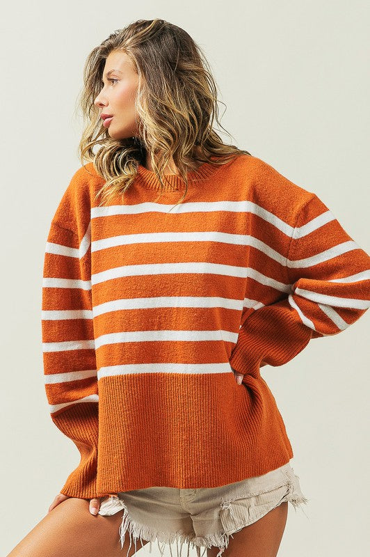 Ribbed Hem Stripe Sweater-Charmful Clothing Boutique