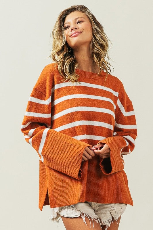 Ribbed Hem Stripe Sweater-Charmful Clothing Boutique