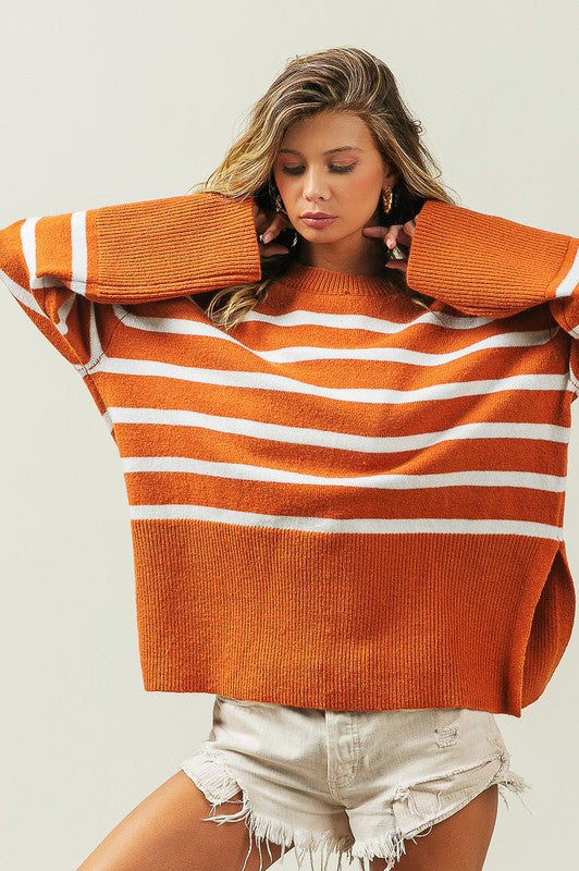 Ribbed Hem Stripe Sweater-Charmful Clothing Boutique