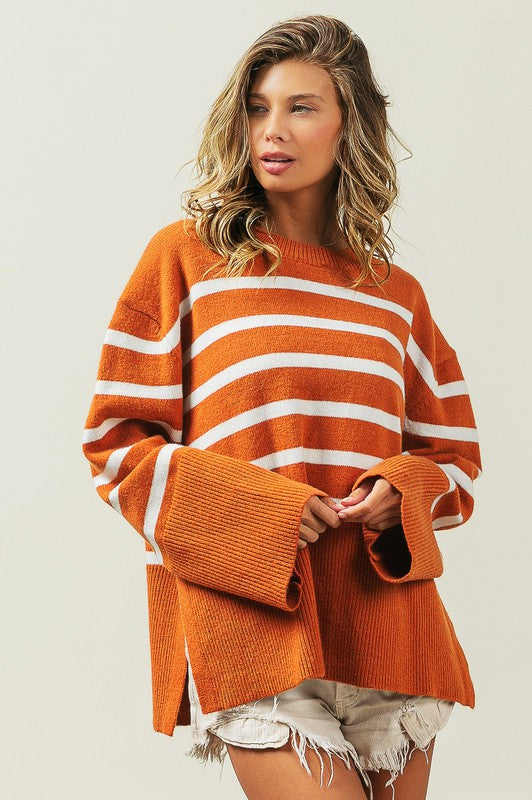 Ribbed Hem Stripe Sweater-Charmful Clothing Boutique