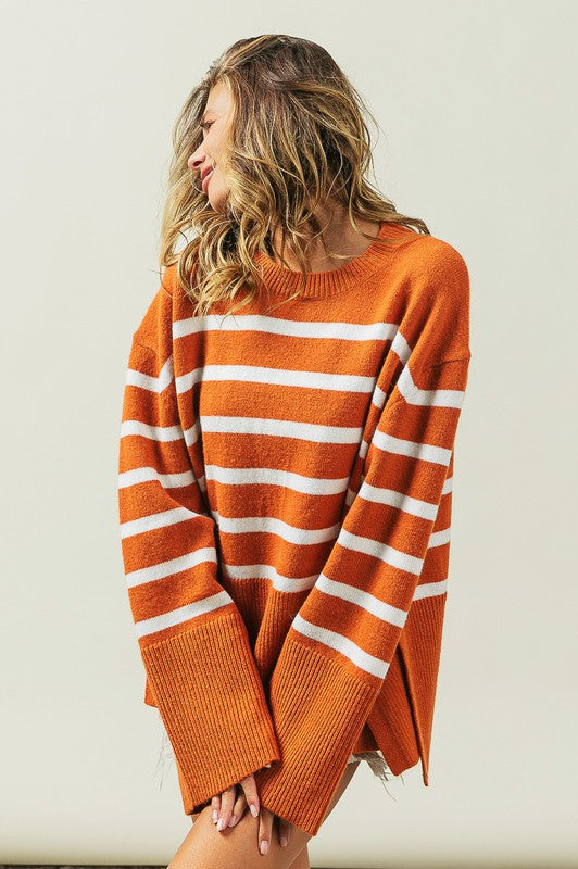 Ribbed Hem Stripe Sweater-Charmful Clothing Boutique