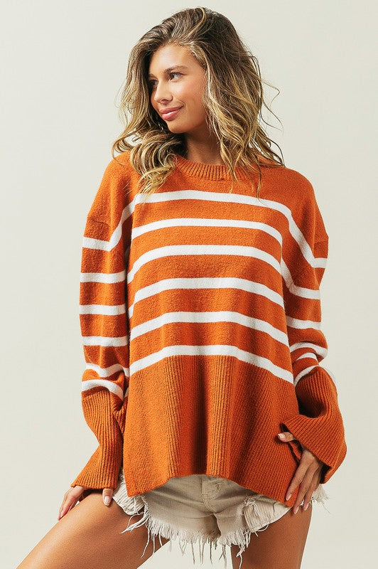 Ribbed Hem Stripe Sweater-Charmful Clothing Boutique