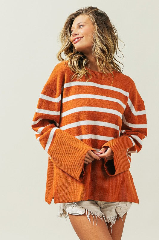 Ribbed Hem Stripe Sweater-Charmful Clothing Boutique