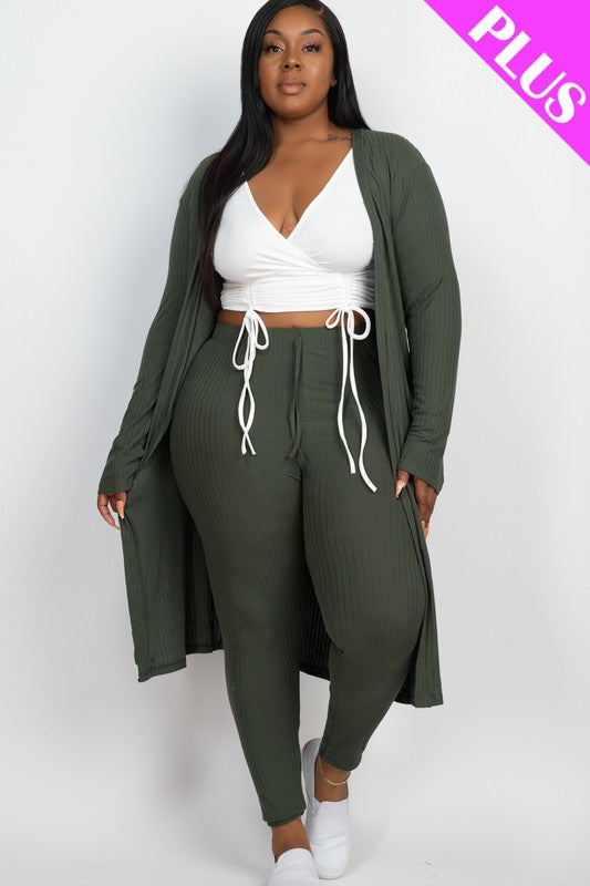 Plus Size Ribbed Long Cardigan & Leggings Set-Charmful Clothing Boutique