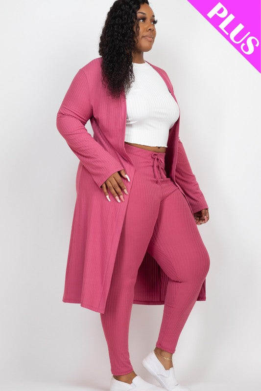 Plus Size Ribbed Long Cardigan & Leggings Set-Charmful Clothing Boutique