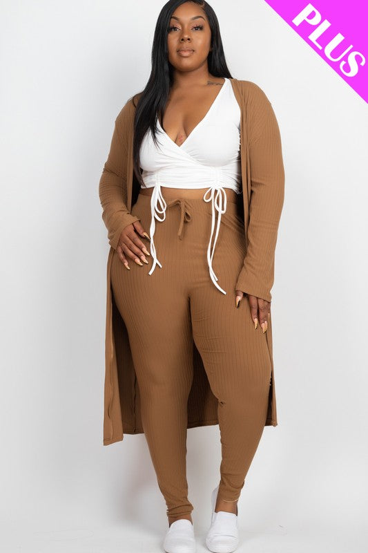 Plus Size Ribbed Long Cardigan & Leggings Set-Charmful Clothing Boutique