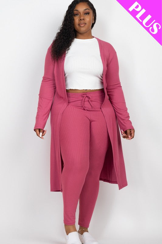 Plus Size Ribbed Long Cardigan & Leggings Set-Charmful Clothing Boutique