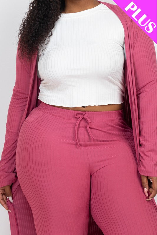 Plus Size Ribbed Long Cardigan & Leggings Set-Charmful Clothing Boutique