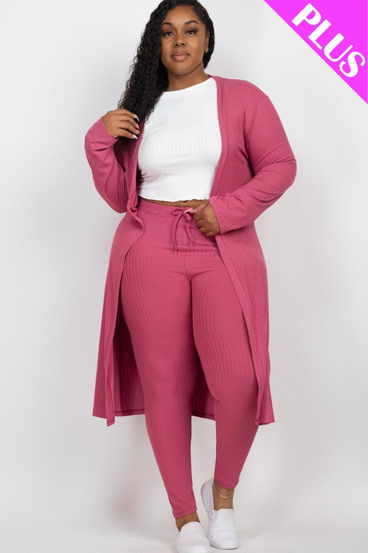 Plus Size Ribbed Long Cardigan & Leggings Set-Charmful Clothing Boutique