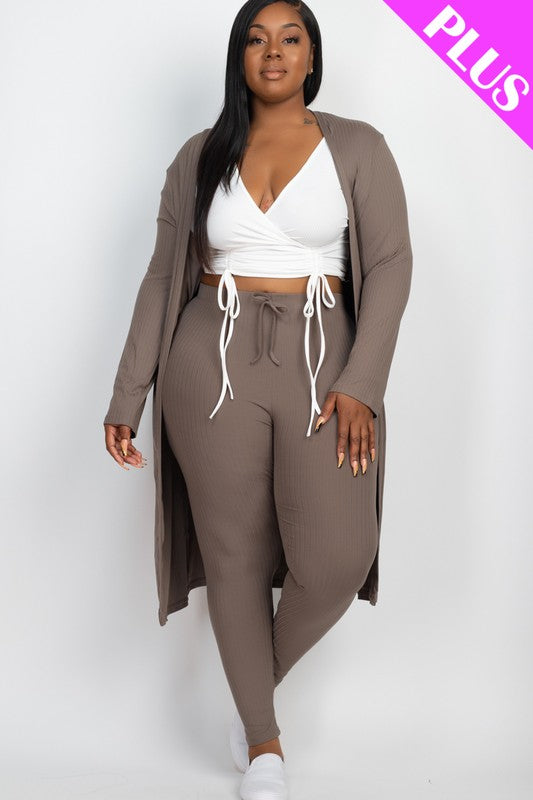 Plus Size Ribbed Long Cardigan & Leggings Set-Charmful Clothing Boutique