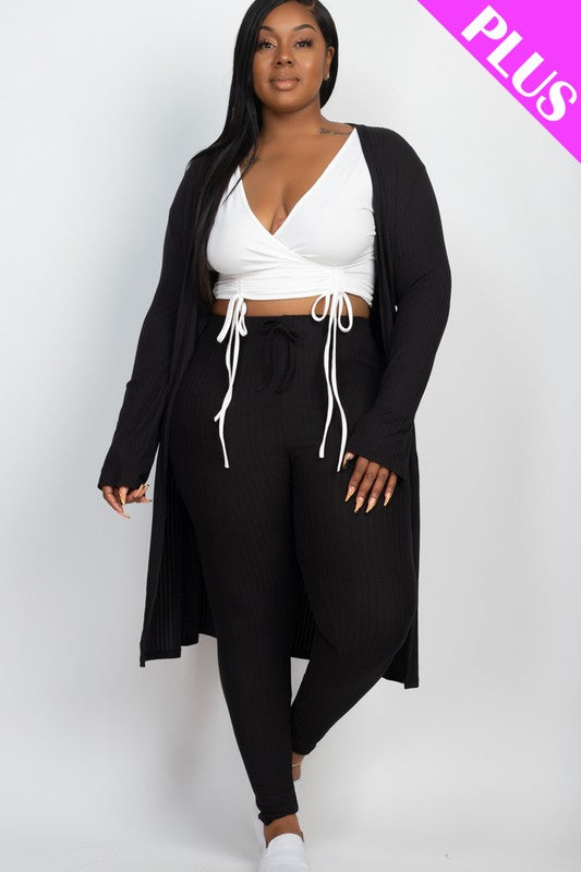 Plus Size Ribbed Long Cardigan & Leggings Set-Charmful Clothing Boutique