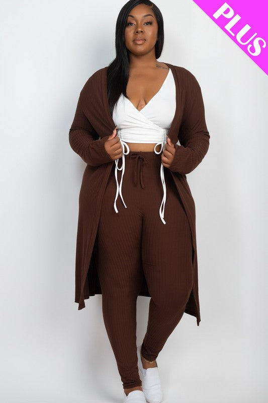 Plus Size Ribbed Long Cardigan & Leggings Set-Charmful Clothing Boutique