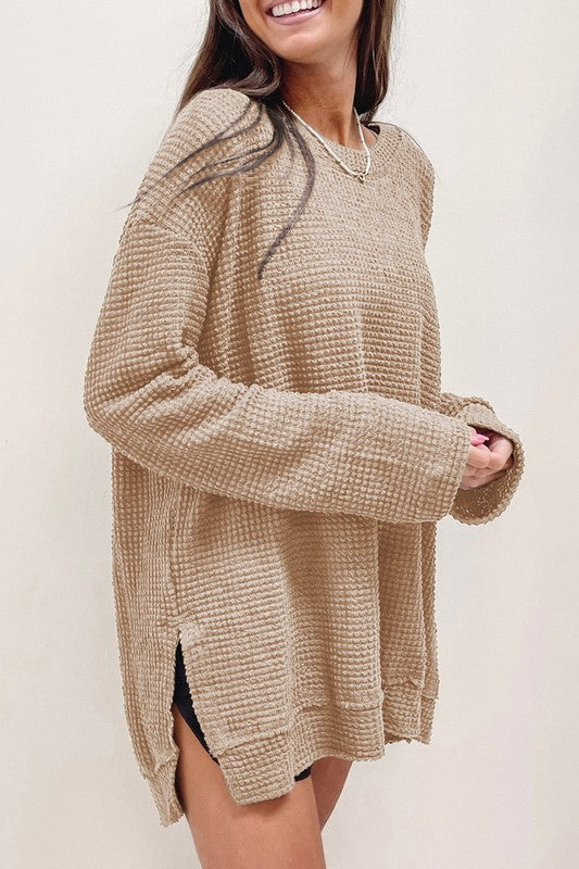 Waffle Knit Drop Sleeve Side Slits Oversized Top-Charmful Clothing Boutique