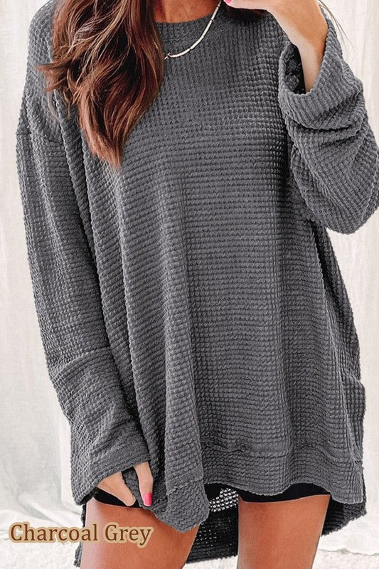 Waffle Knit Drop Sleeve Side Slits Oversized Top-Charmful Clothing Boutique