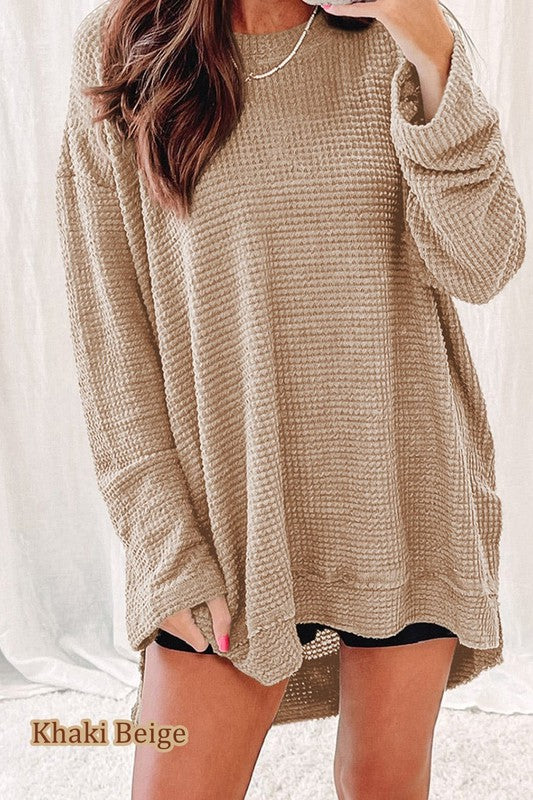 Waffle Knit Drop Sleeve Side Slits Oversized Top-Charmful Clothing Boutique