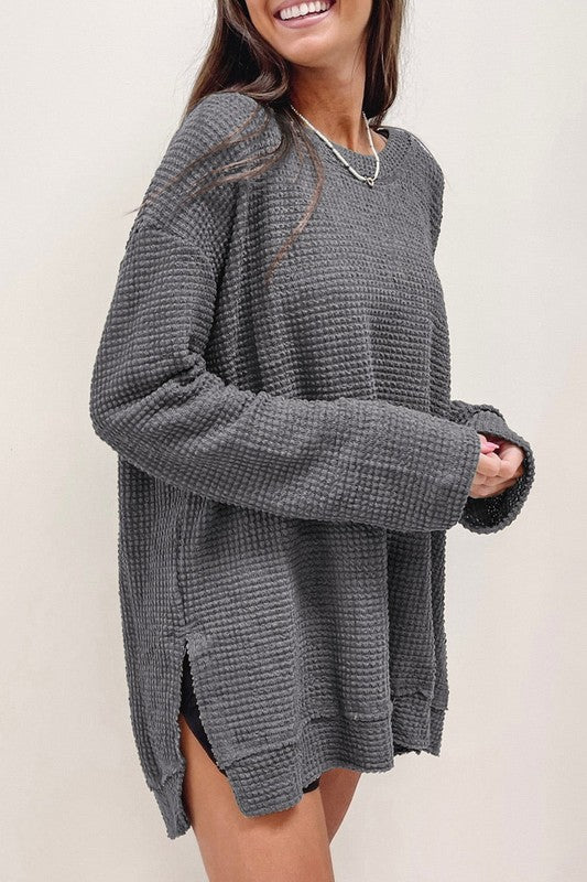 Waffle Knit Drop Sleeve Side Slits Oversized Top-Charmful Clothing Boutique