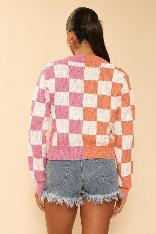 Two tone checkered cropped knit cardigan-Charmful Clothing Boutique