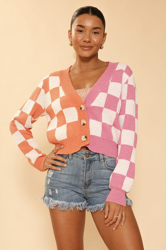 Two tone checkered cropped knit cardigan-Charmful Clothing Boutique