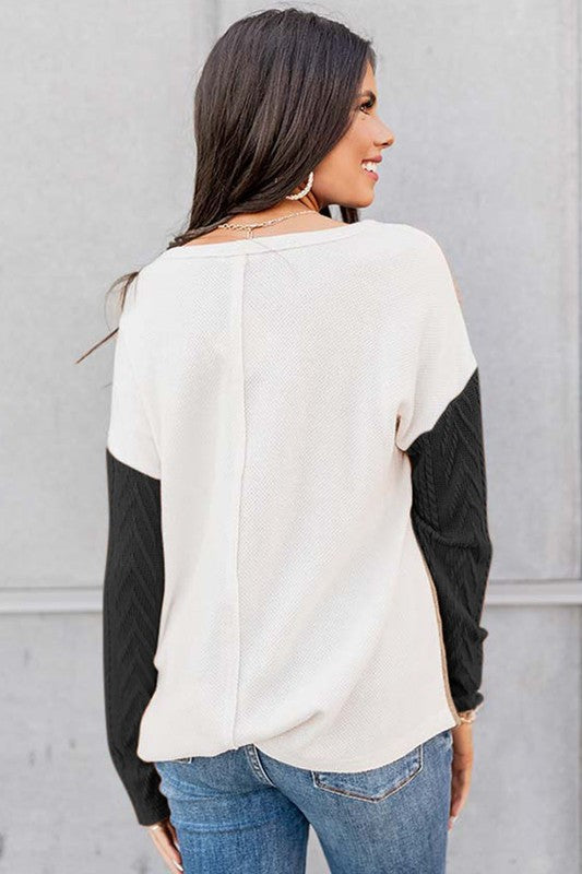 Cable knit color block round neck sweater-Charmful Clothing Boutique