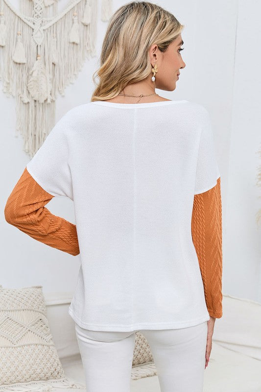 Cable knit color block round neck sweater-Charmful Clothing Boutique