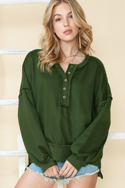 Cotton slouchy Drop Shoulder Henley Sweatshirt-Charmful Clothing Boutique