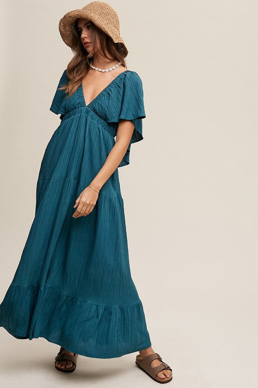 V-neck Ruffle Sleeve Flowy Vacation Dress-Charmful Clothing Boutique