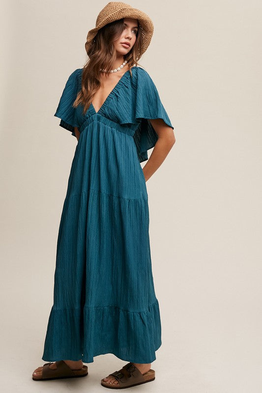 V-neck Ruffle Sleeve Flowy Vacation Dress-Charmful Clothing Boutique