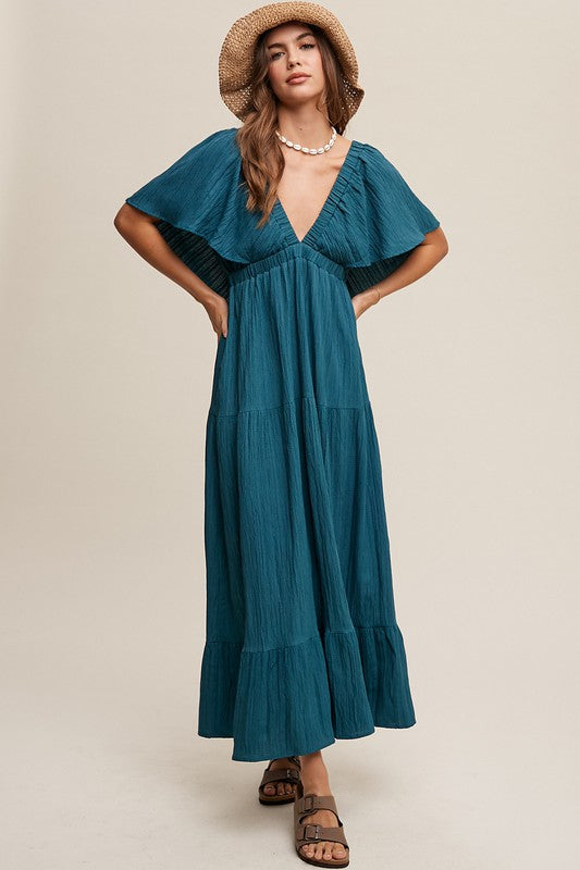 V-neck Ruffle Sleeve Flowy Vacation Dress-Charmful Clothing Boutique