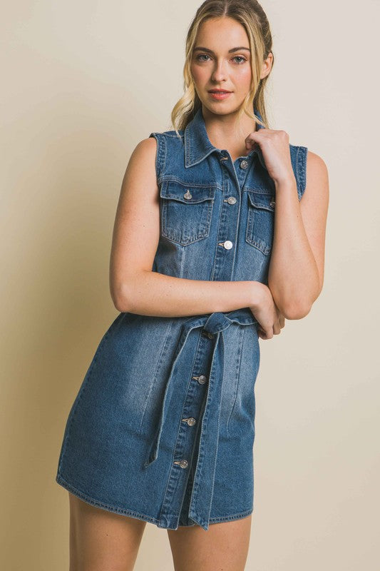 Denim Strapless Dress with Waist Tie-Charmful Clothing Boutique