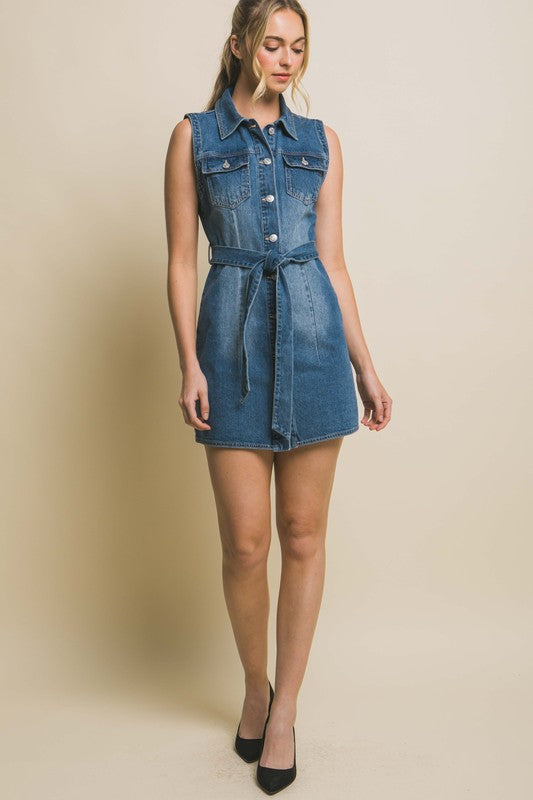 Denim Strapless Dress with Waist Tie-Charmful Clothing Boutique