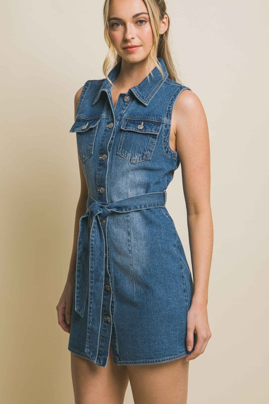 Denim Strapless Dress with Waist Tie-Charmful Clothing Boutique