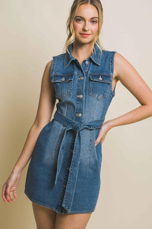 Denim Strapless Dress with Waist Tie-Charmful Clothing Boutique