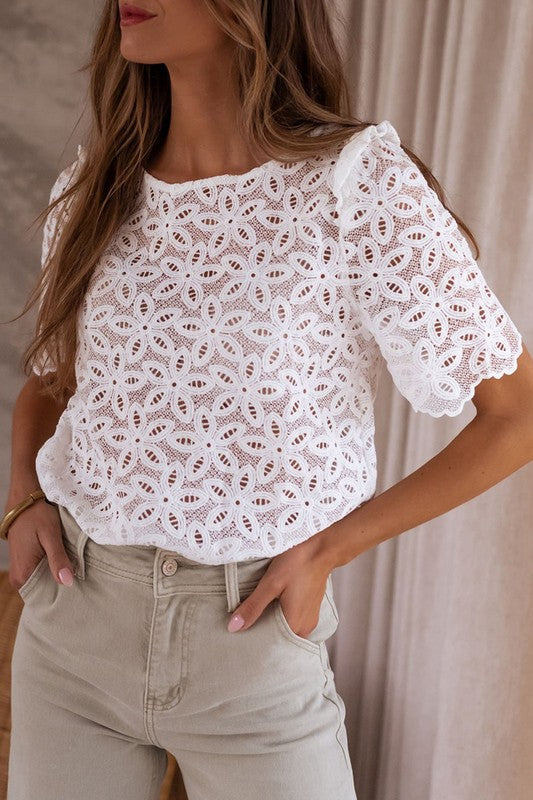 Crochet lace flower embroidered Hallowed Blouse-Charmful Clothing Boutique