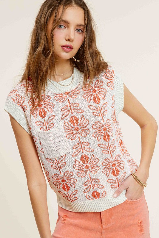 Flower Pattern Sleeveless Sweater Top-Charmful Clothing Boutique