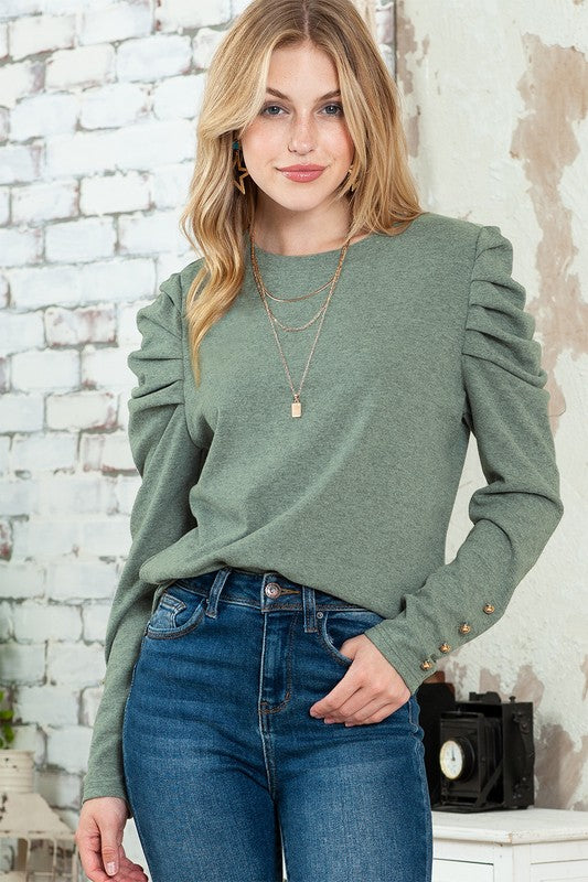 Basic Buttoned Puff Long Sleeve blouse top-Charmful Clothing Boutique