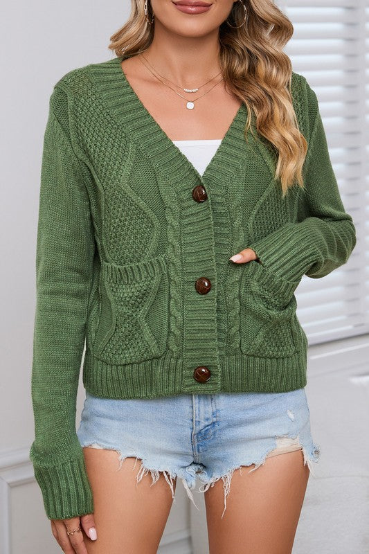 Green Pocket Button Cable Cropped Sweater Cardigan-Charmful Clothing Boutique