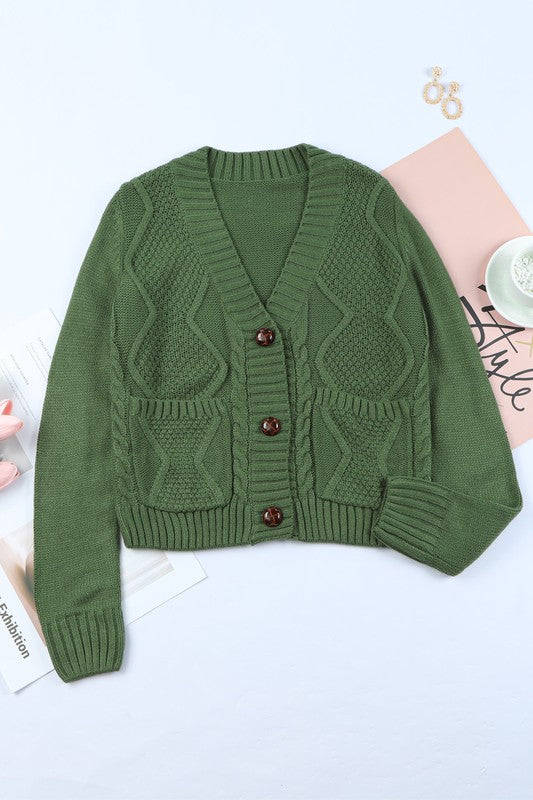 Green Pocket Button Cable Cropped Sweater Cardigan-Charmful Clothing Boutique